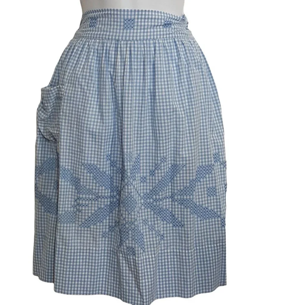 Half‎ Apron Blue White Gingham Cross Stitch Vintage 1950s Handmade Pocket